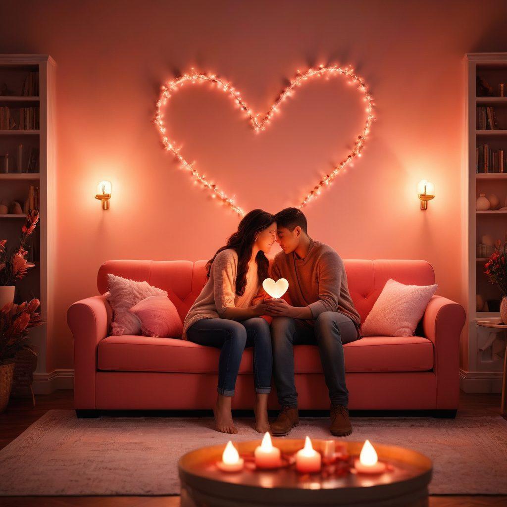 A couple sitting together on a cozy couch, sharing a heartfelt conversation, surrounded by warm candlelight that casts a soft glow. Delicate heart-shaped accents are incorporated in the background, symbolizing love and affection. The atmosphere is intimate and inviting, reflecting a nurturing bond. The color palette is warm and inviting with reds and pinks. super-realistic. vibrant colors.