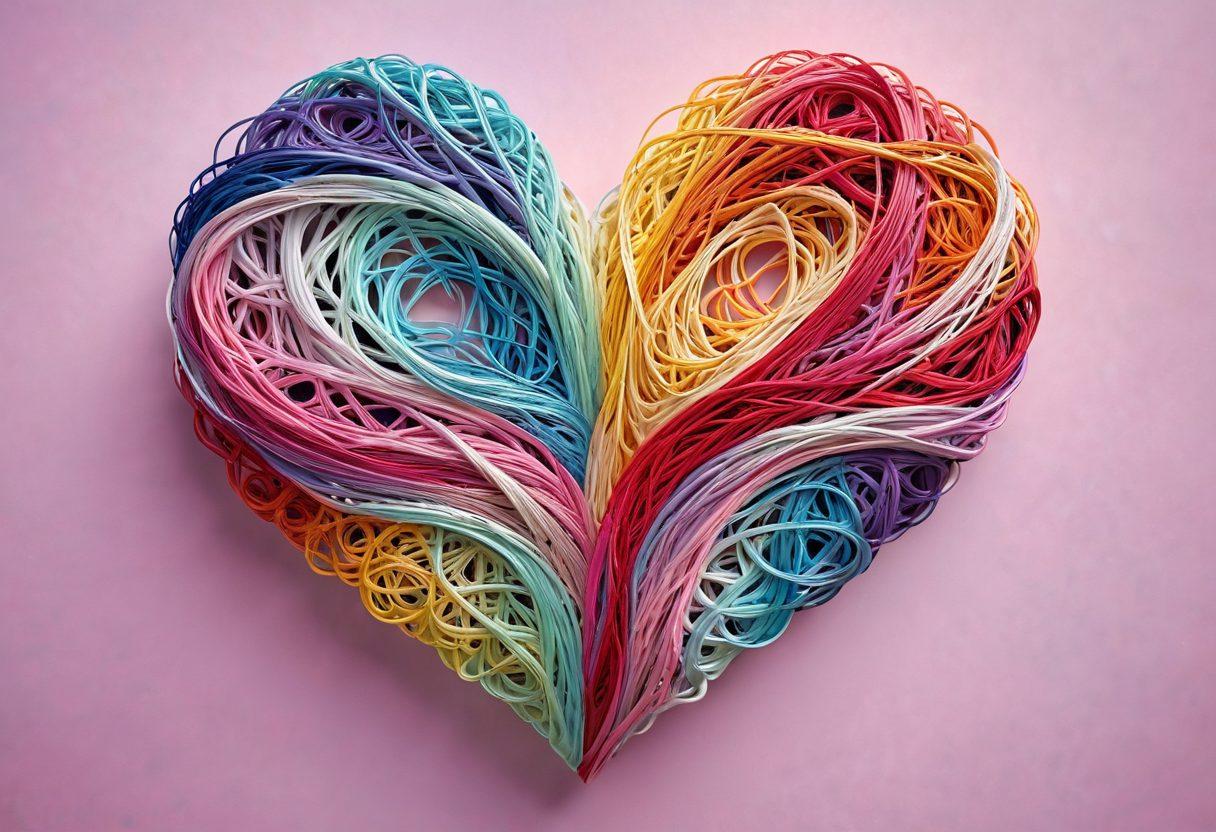 A beautifully intertwined heart made of colorful threads, symbolizing the complex yet delicate nature of love. Surrounding the heart are blooming flowers, each representing affection, trust, and devotion. The background should be soft with pastel colors, creating a warm and inviting atmosphere. Add subtle sparkles to illustrate the magic of true love. vibrant colors. soft focus. 3D.